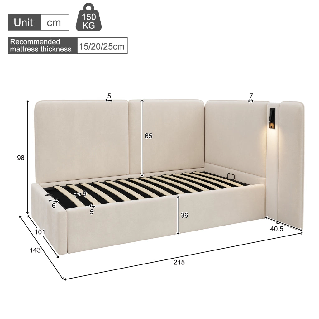 Letto con contenitore idraulico velluto beige 90x200 cm