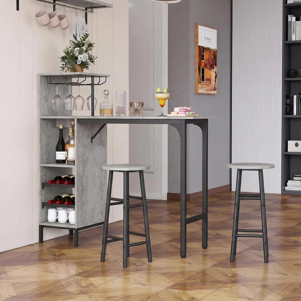 Set 3 Pezzi Tavolo e Sedie da Bar, Tavolo e Sgabelli da Pub Industriale con Porta Calici e 6 Portabottiglie da Vino, Set di Tavolo per Sala da Pranzo, Ristorante e Bar (Grigio)
