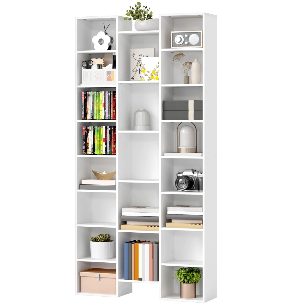 Libreria Moderna in Legno Alta 181 cm con 21 Scomparti e 10 Ripiani Regolabili, Bianco