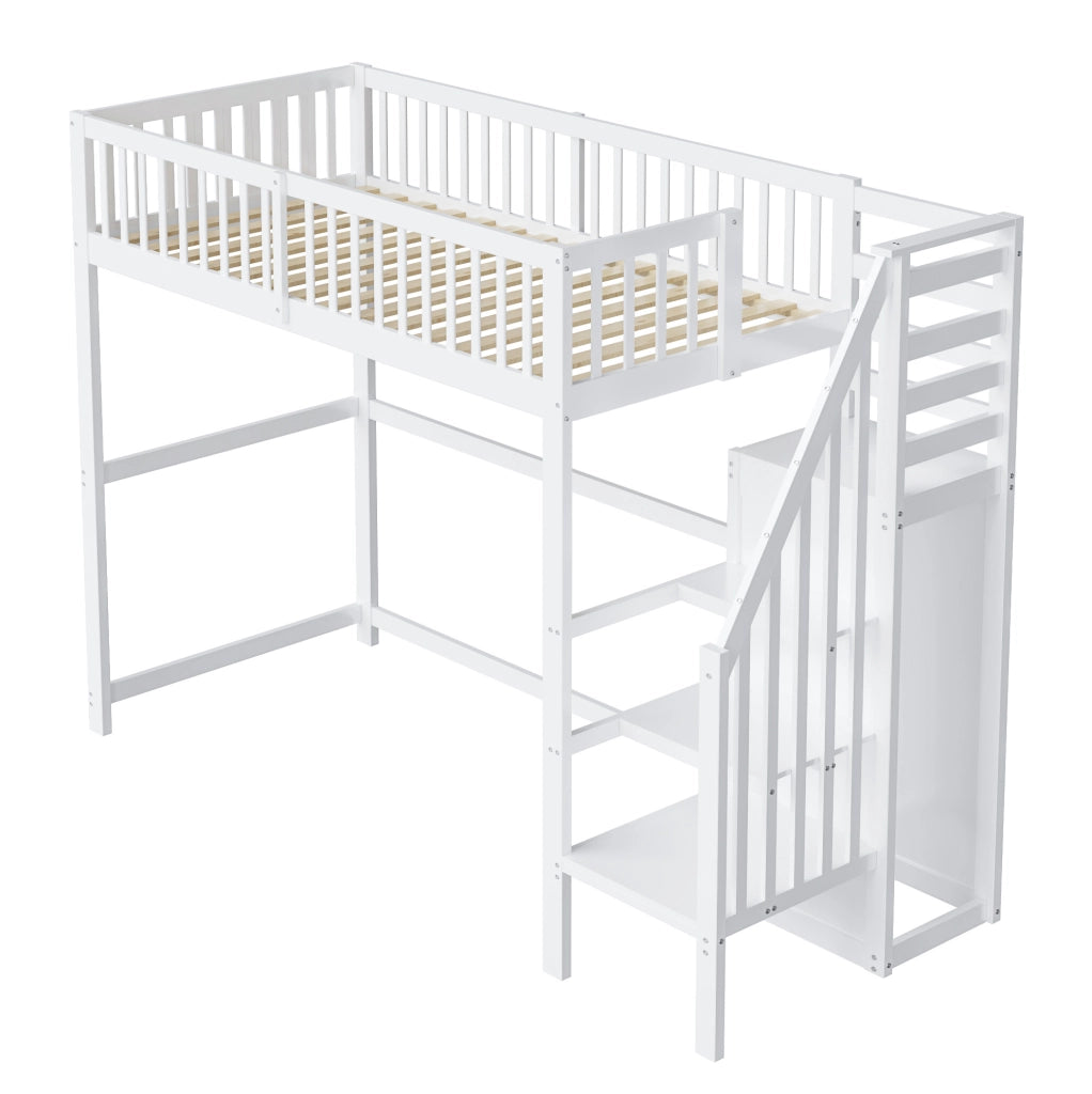 Letto a soppalco 90x200 cm con scala e armadio in legno bianco