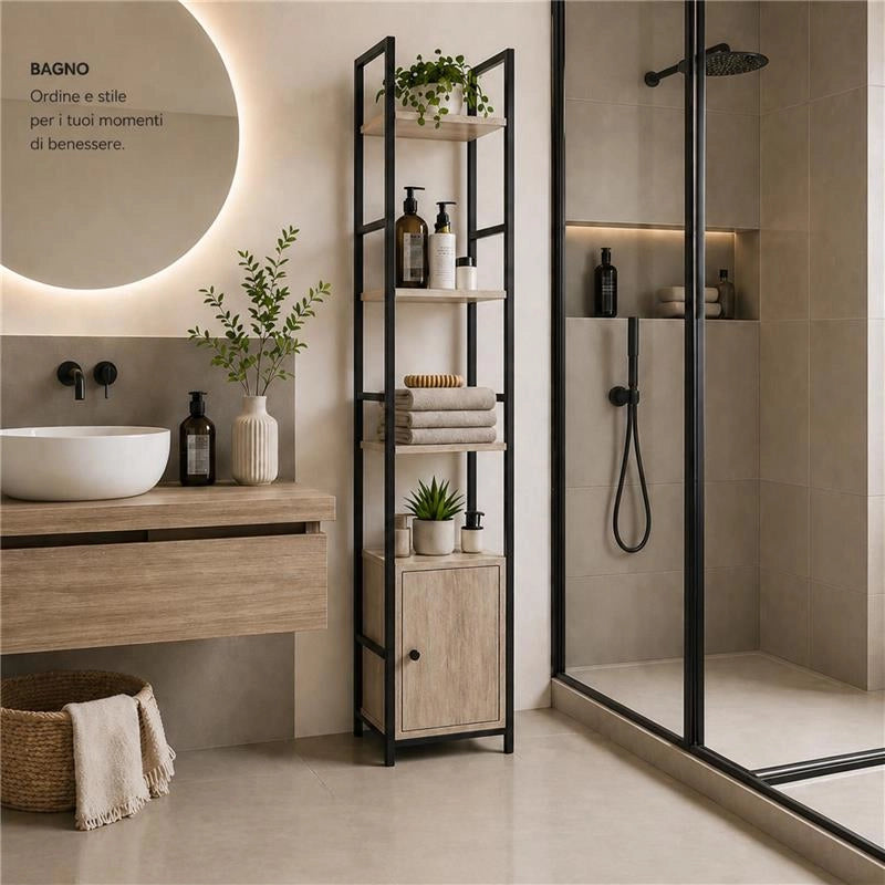 SCAFFALE STILE INDUSTRIAL IN LEGNO E METALLO CON 3 RIPIANI E 1 ANTA DIMENSIONI 29X24X144CM - COLORE ROVERE