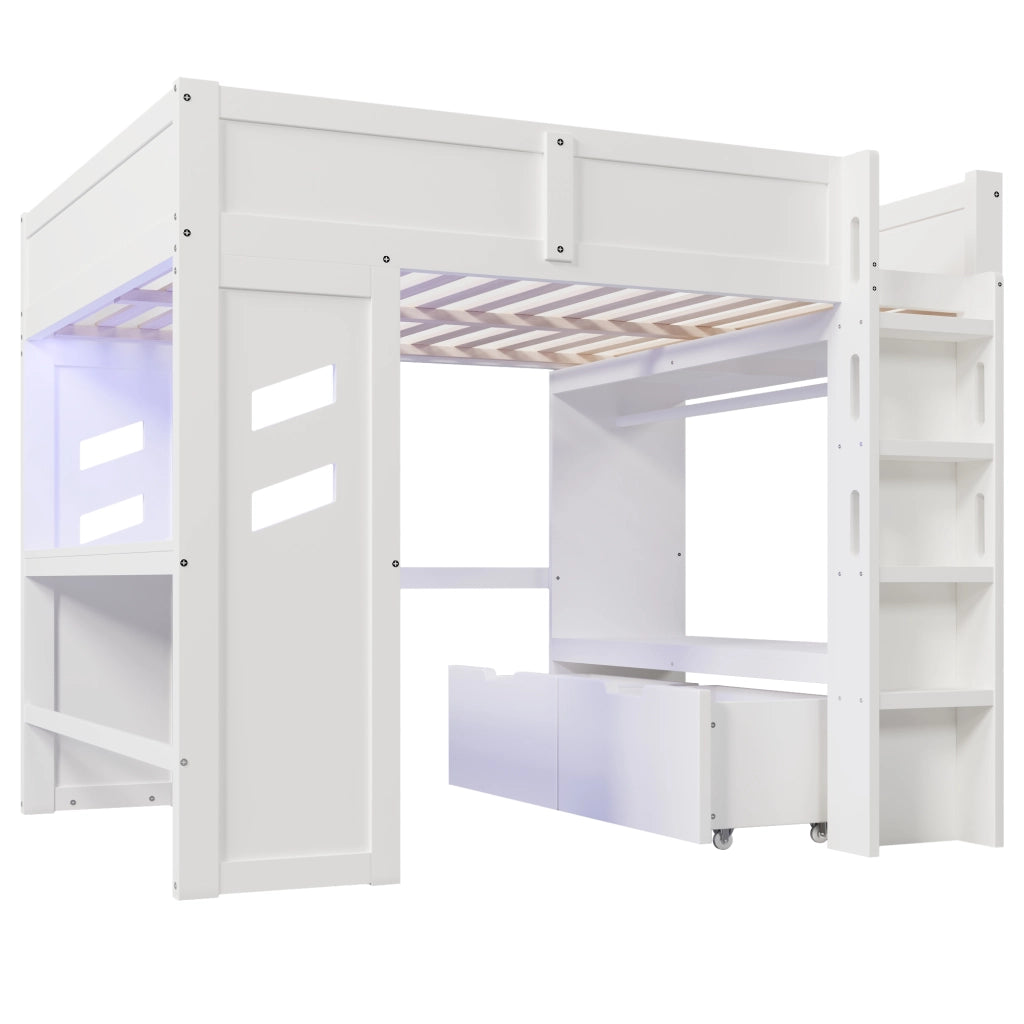 Letto a soppalco 140×200 cm con scrivania; LED; USB; Type-C; 2 cassetti e stender; senza materasso; bianco