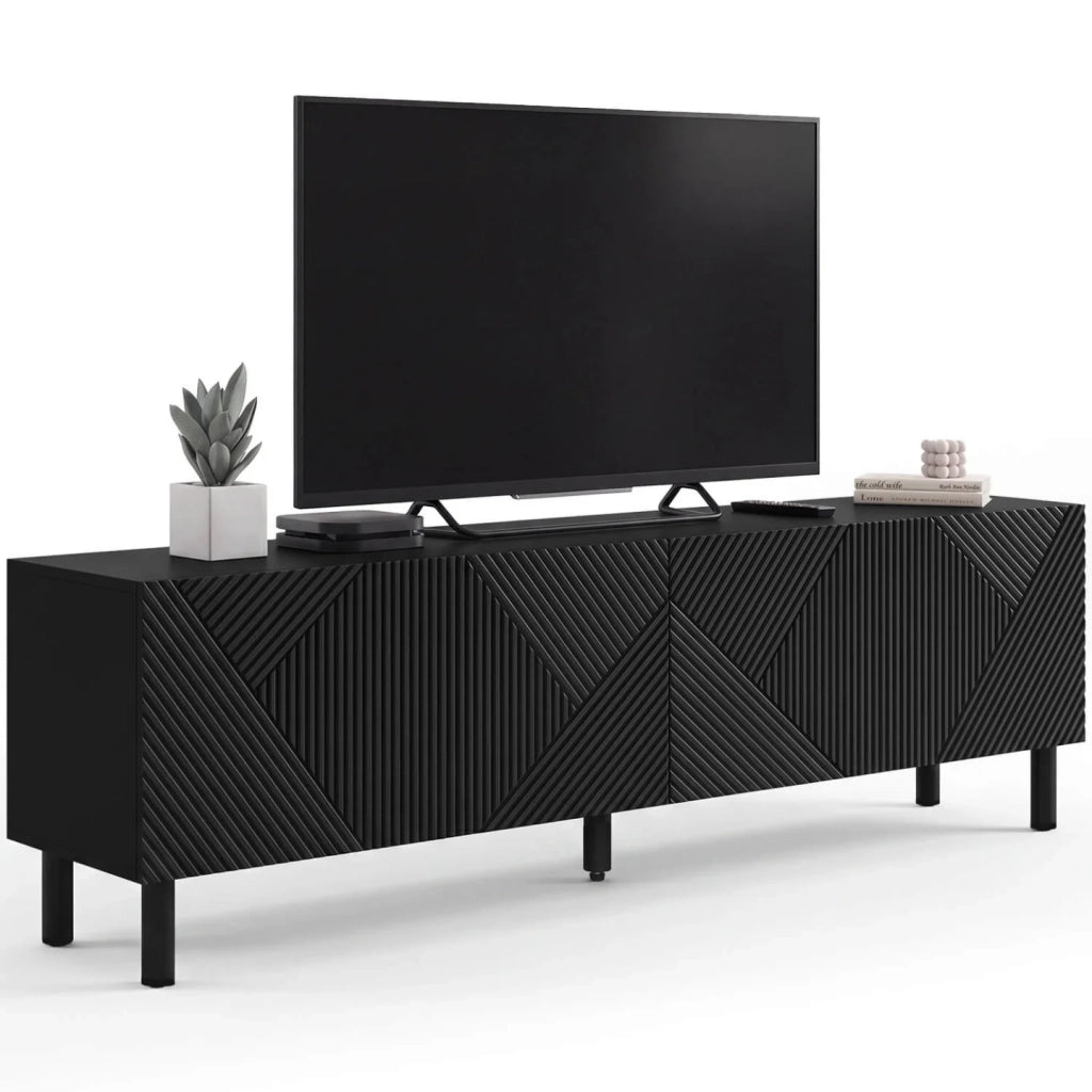 IDMarket - Porta TV HIMARA 180 cm, 2 ante, doghe geometriche in legno nero
