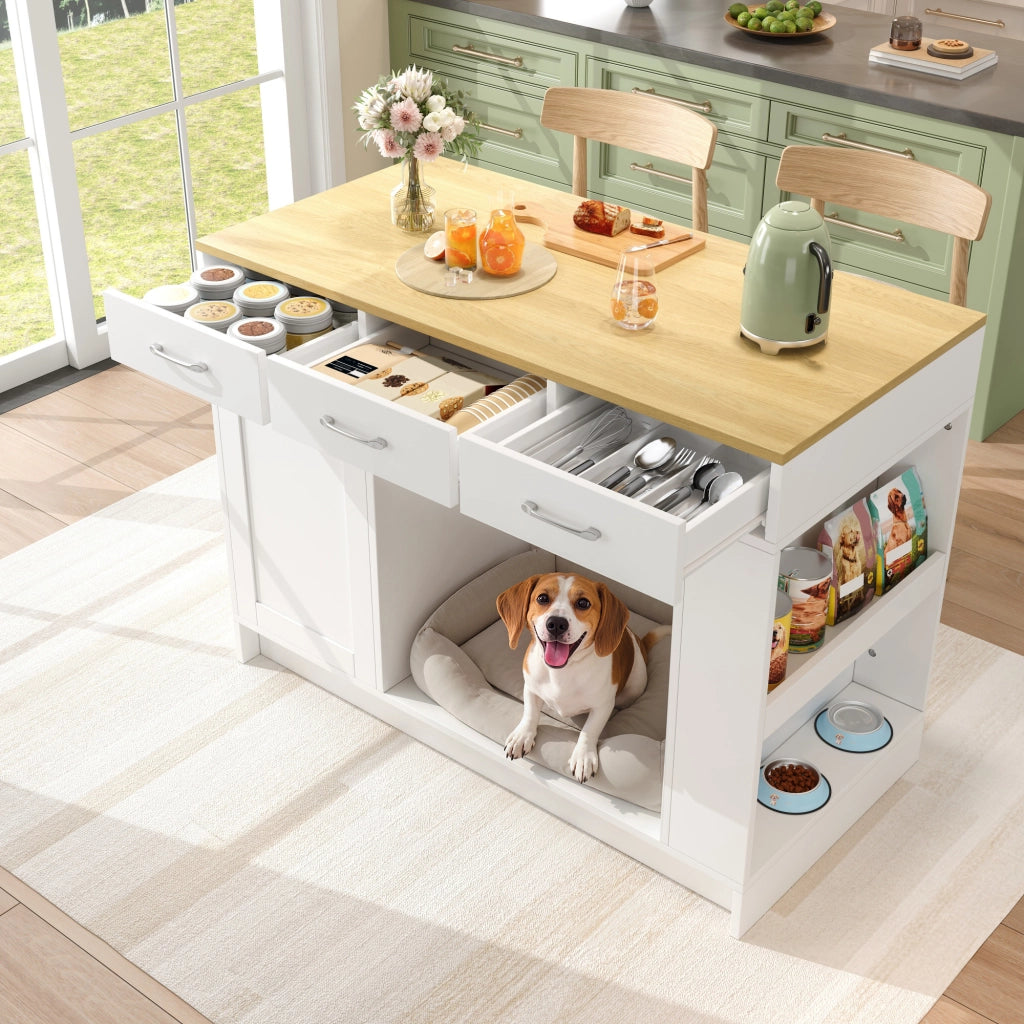 Carrello da cucina con 3 cassetti, 1 porta spezie, ripiano regolabile e area per animali, bianco