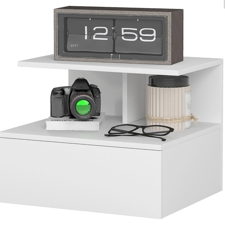 Comodino sospeso con cassetto e vano aperto in legno bianco