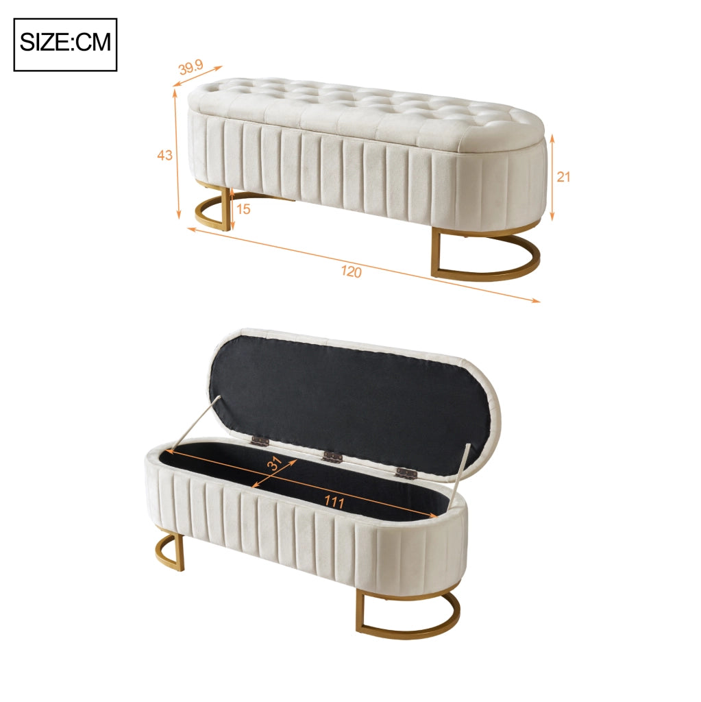 Panca contenitore imbottita 120x39;9x43 cm in velluto beige con gambe in metallo