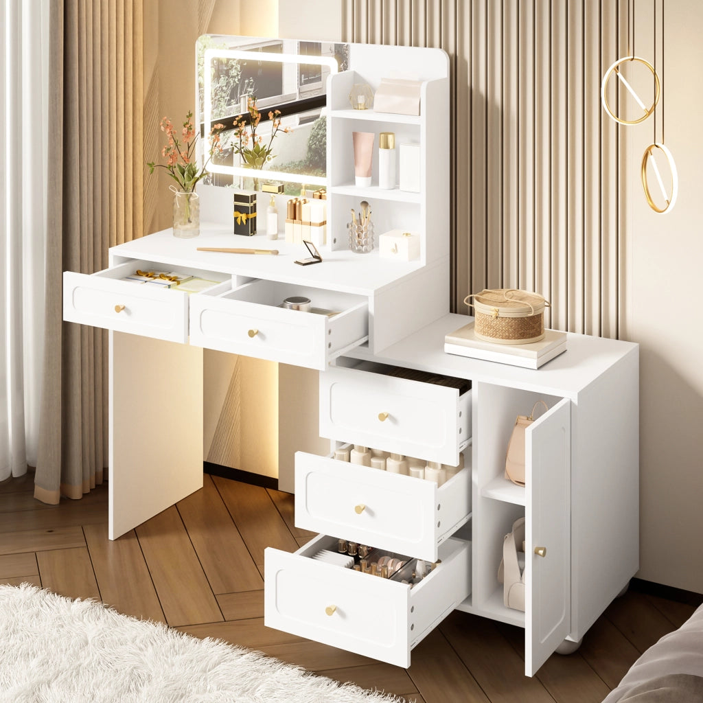 Toeletta con 5 cassetti; 1 anta e 3 ripiani; specchio LED - per camera da letto - in MDF e bambù - bianco - 80×39.8×127 cm
