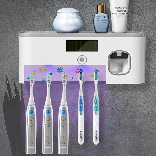 Montaggio a muro per spazzolino da denti con dispensatore di dentifricio e sterilizzatore UV - Per una igienica cabina doccia