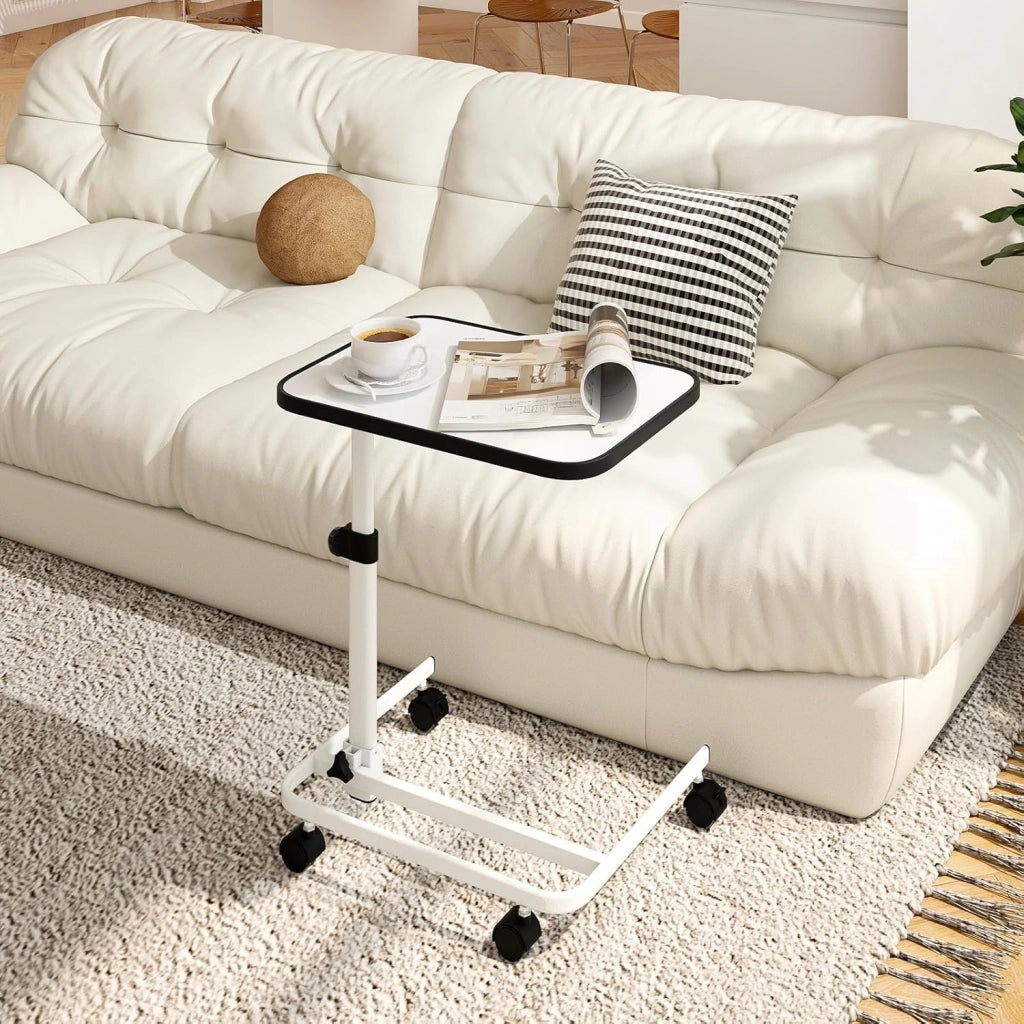 Tavolo da Letto con Ruote Universali, Tavolino Mobile a Forma di C, Comodino Mobile con Altezza Regolabile e Piano Inclinabile, per Camera da Letto e Ospedale