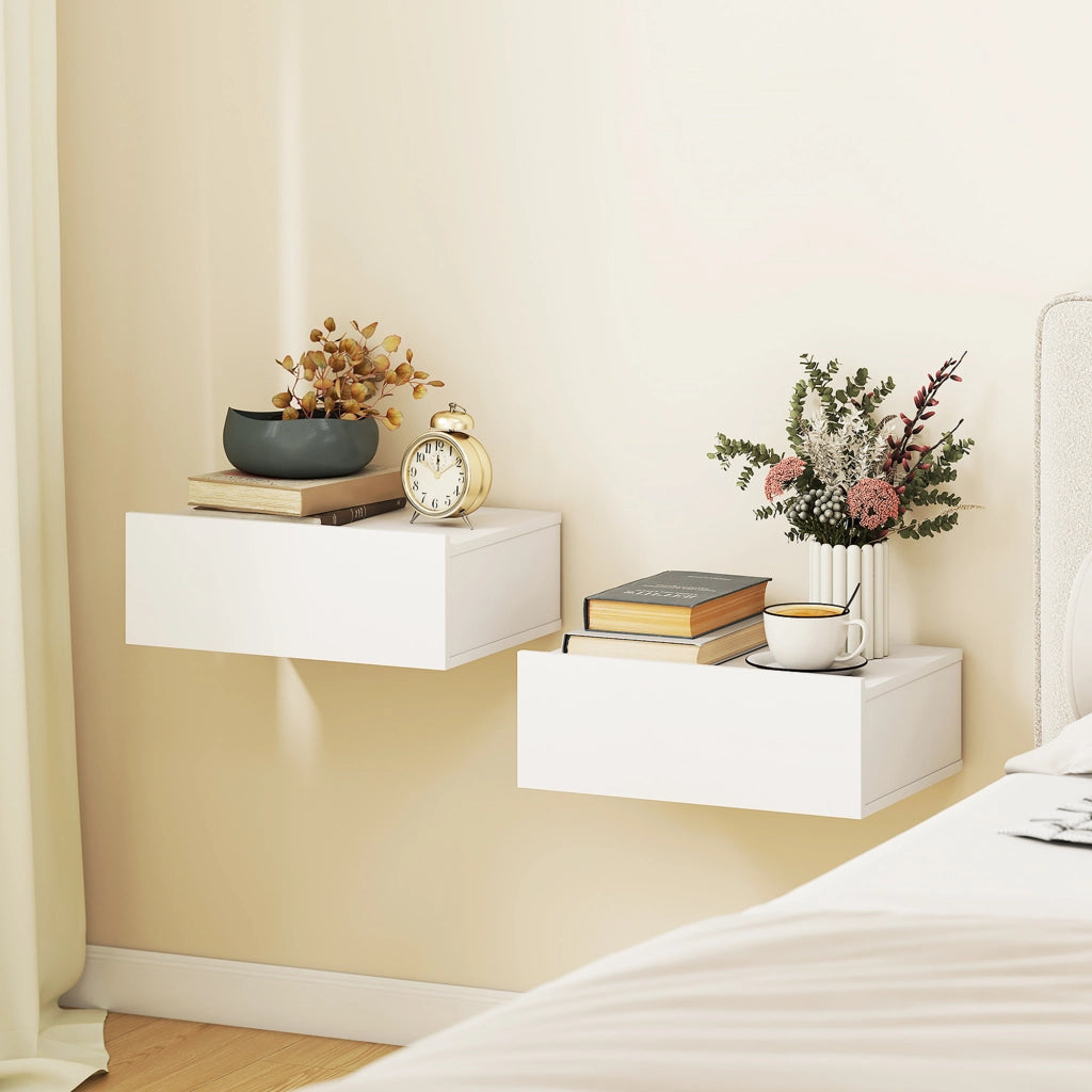 Set 2 Comodini da Parete Flottanti con Cassetto ¨C Zephmum ¨C 40x30x15 cm Bianco