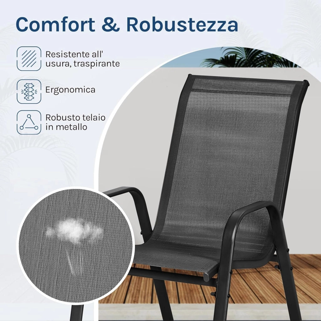 Set di 2 sedie da giardino impilabili, sedie da esterno con braccioli e schienale, per terrazza, balcone, grigio scuro