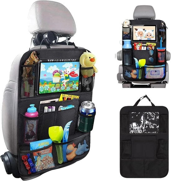 Achterpiazza con organizzatore di sedile per auto – 9 tasche di stivaggio, 10" supporto per tablet, protettore di schiena del sedile per bambini, ideale come accessorio di viaggio