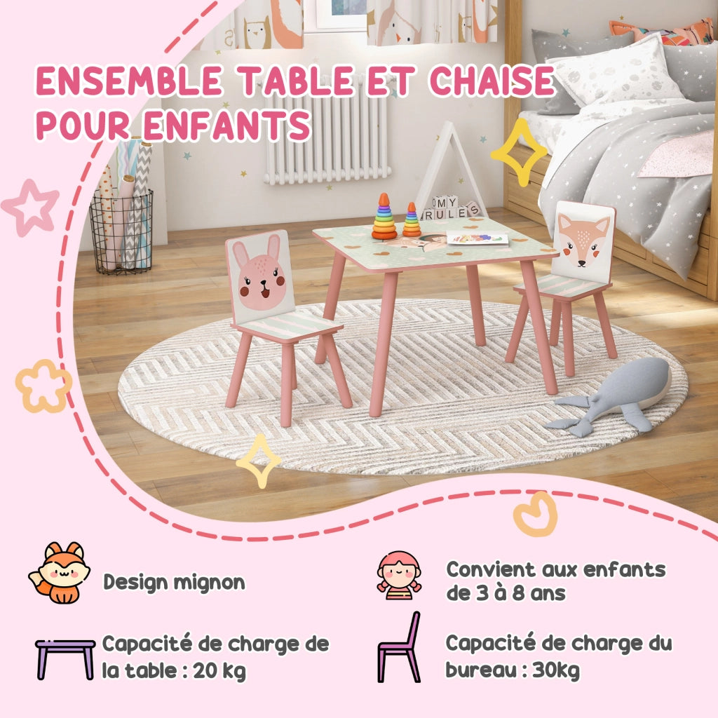 Tavolo e Sedie per Bambini ¨C Zephmum ¨C Rosa, Legno, Motivo Animali