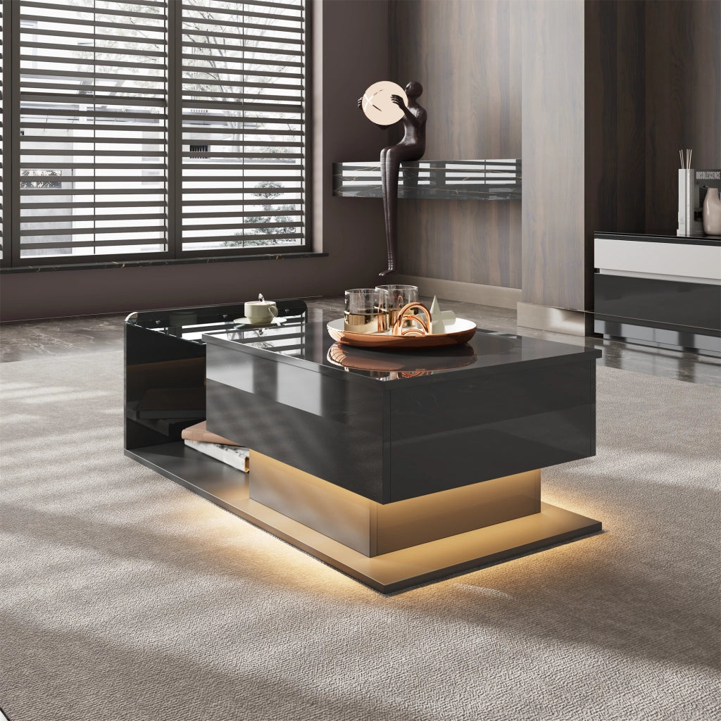 Tavolino da salotto alzabile con vano aperto e nascosto; LED e piano in vetro; nero lucido; 100 × 50 × 33/47.5 cm