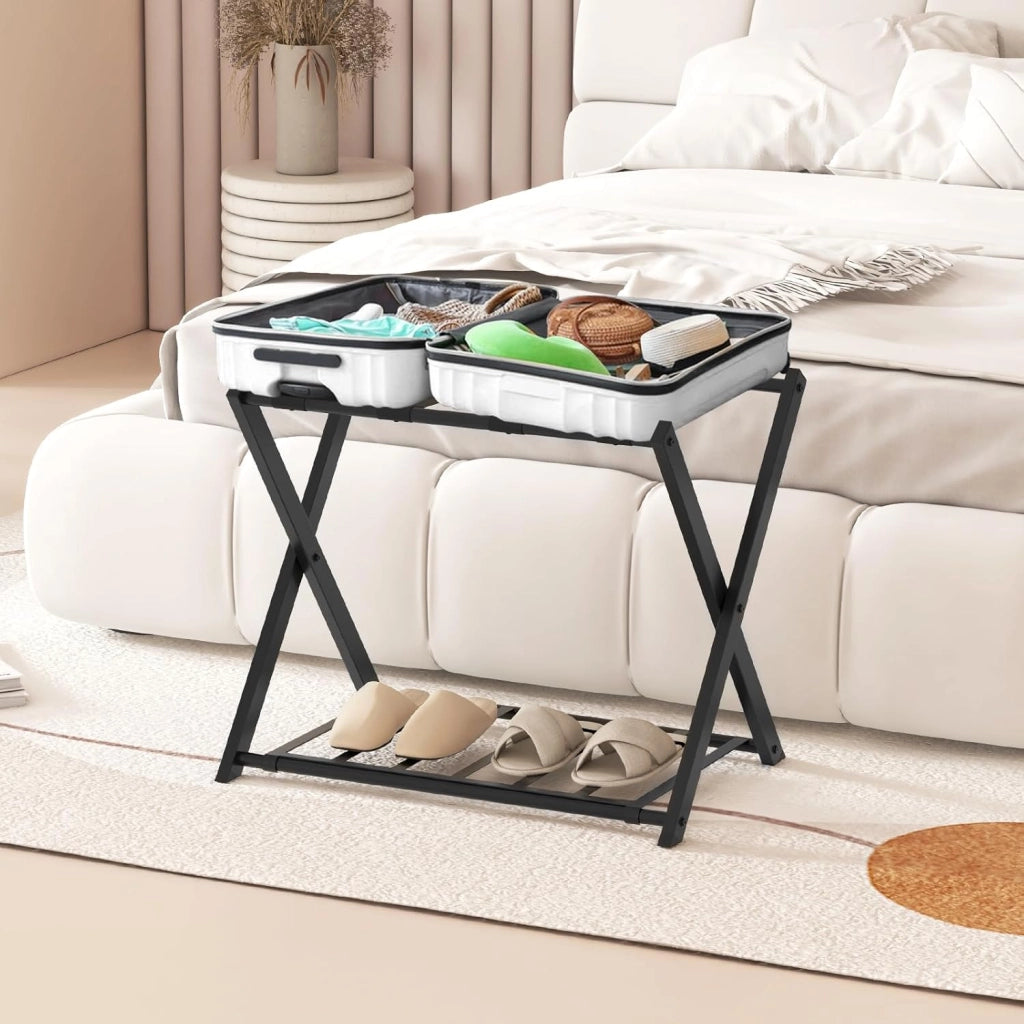 Portavaligie Pieghevole, Porta Valigie Poggia Bagaglio a 2 Ripiani, Cavalletto da Valigie, per Hotel e Viaggio, in Metallo, 68 x 43 x 56 cm (Nero 1)