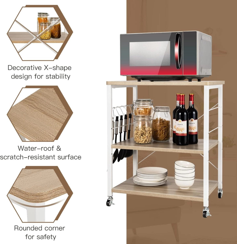 Carrello da Cucina a 3 Livelli con Ripiani Regolabili, Carrello Portaoggetti con 10 Ganci Rimovibili, per Supporto per Microonde, per Cucina e Sala da Pranzo, 60 x 40 x 73 cm (Beige)