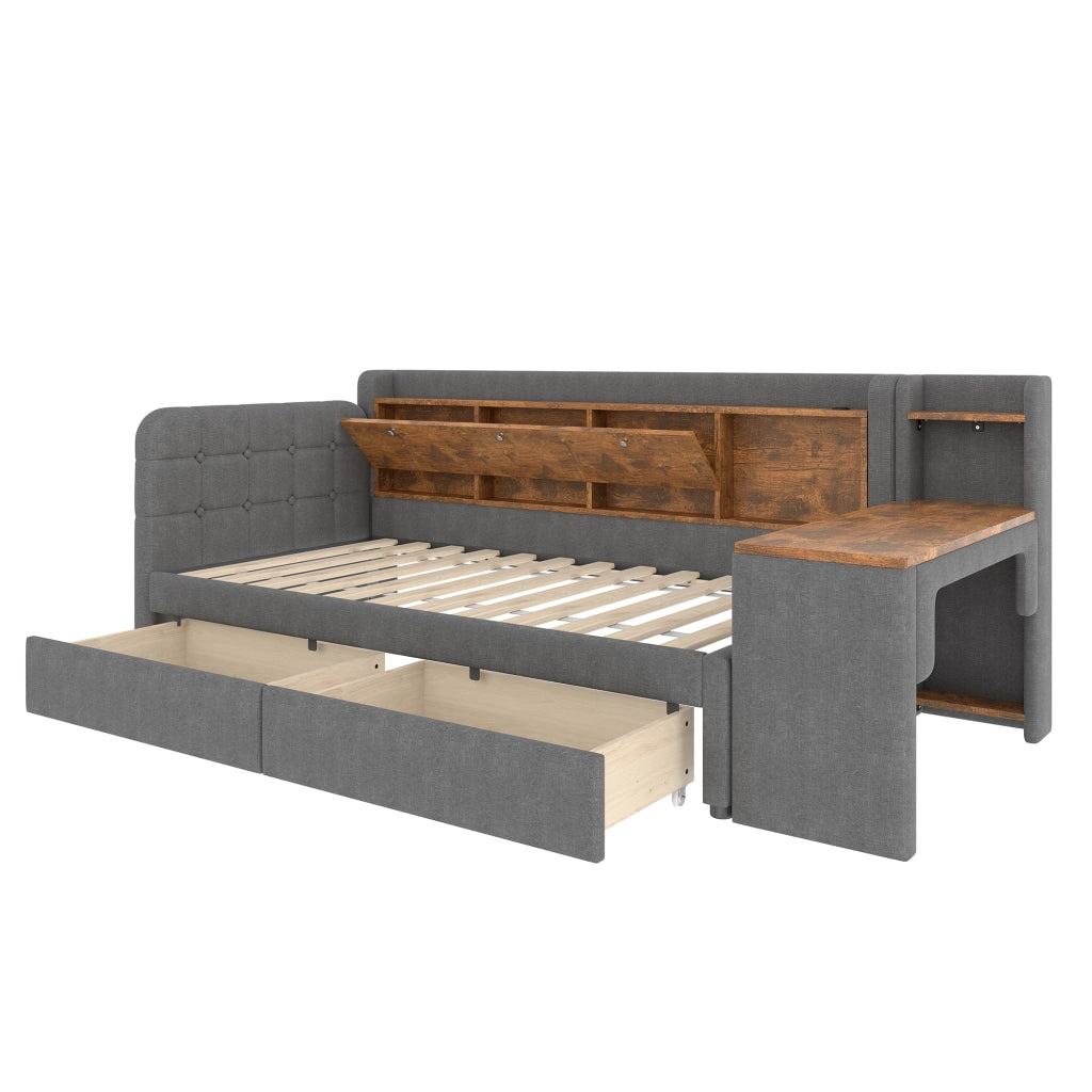 Letto singolo 90×200 cm con 2 cassetti; scrivania; USB e type-c; vano ribaltabile; senza materasso; lino; grigio
