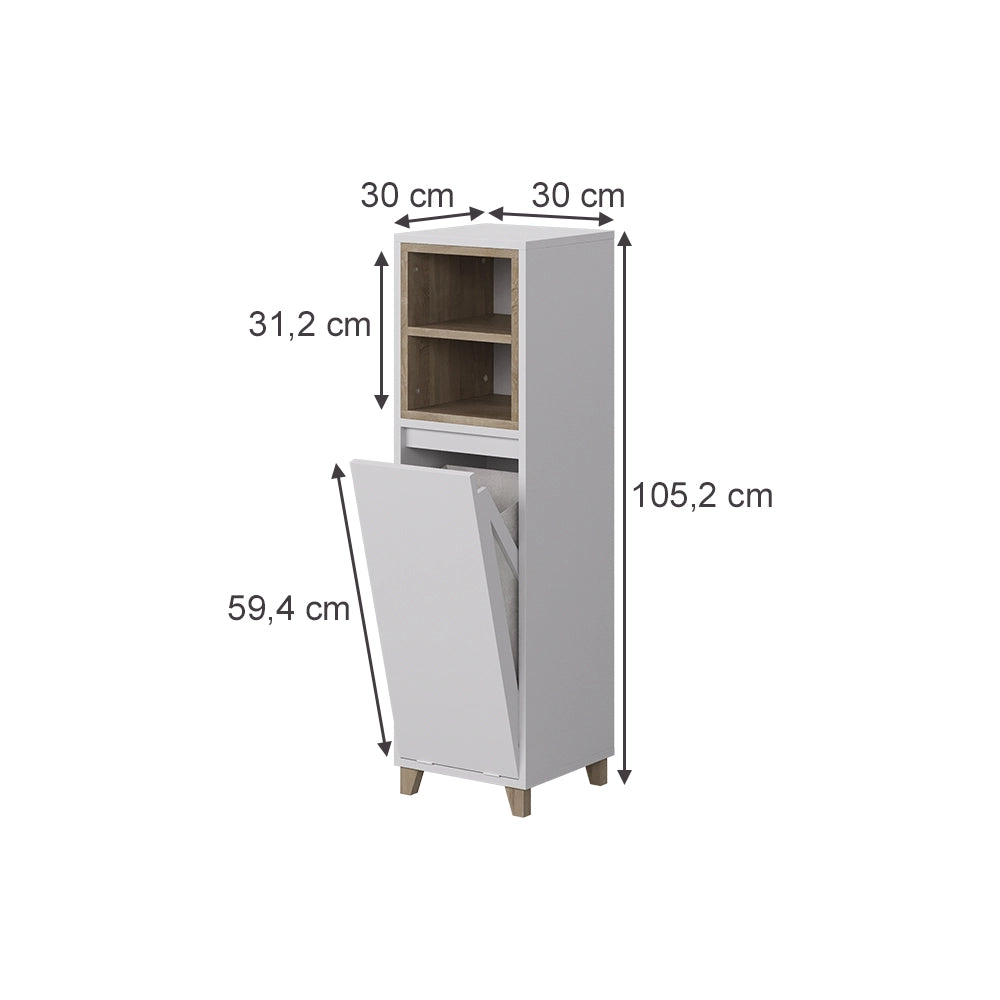 Vicco mobiletto bagno Bianco/quercia 30 x 105 cm con cesto portabiancheria pieghevole