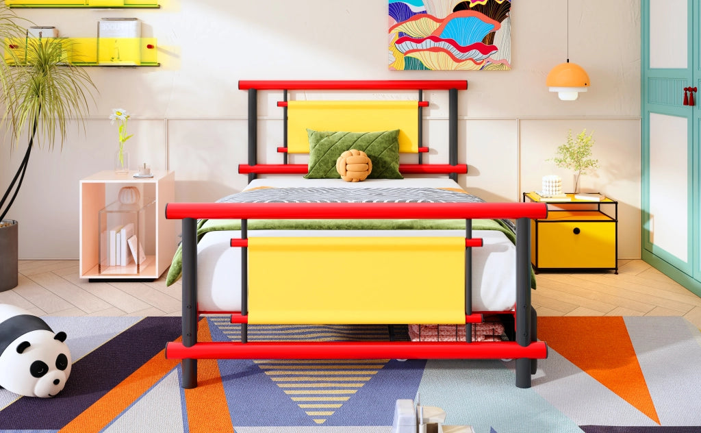 DESMIU Letto per bambini 90 × 200 cm con 2 cassetti, senza materasso, in metallo, rosso, per camera bambini