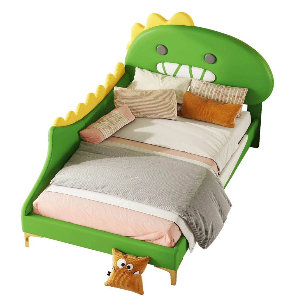 Letto per bambini 90x200 cm; design dinosauro; PU e MDF; verde