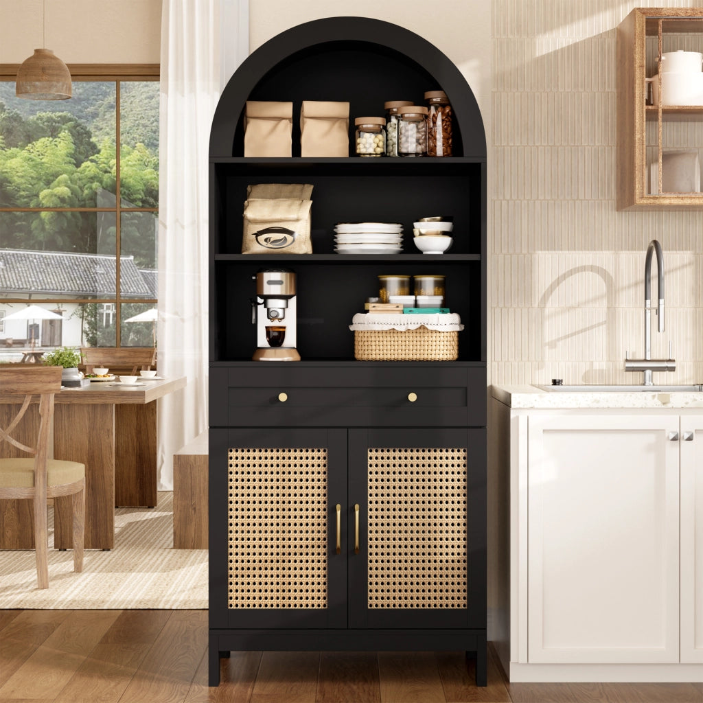 Credenza moderna con 3 vani aperti, 1 cassetto e 2 ante, anti-ribaltamento, per soggiorno, nero, 70 × 40 × 170 cm