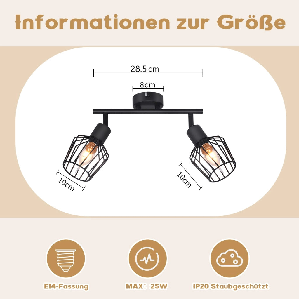 ZMH Faretto da soffitto neri 2 luci E14 metallo orientabili 350° industriali per corridoio soggiorno