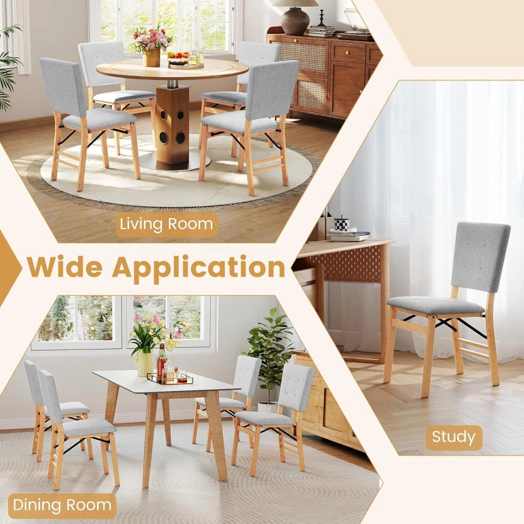 Set di 2 sedie da pranzo pieghevoli, sedia da cucina imbottita con struttura in legno di gomma, seduta rivestita in tessuto lino, portata fino a 160 kg, risparmio di spazio (grigio)