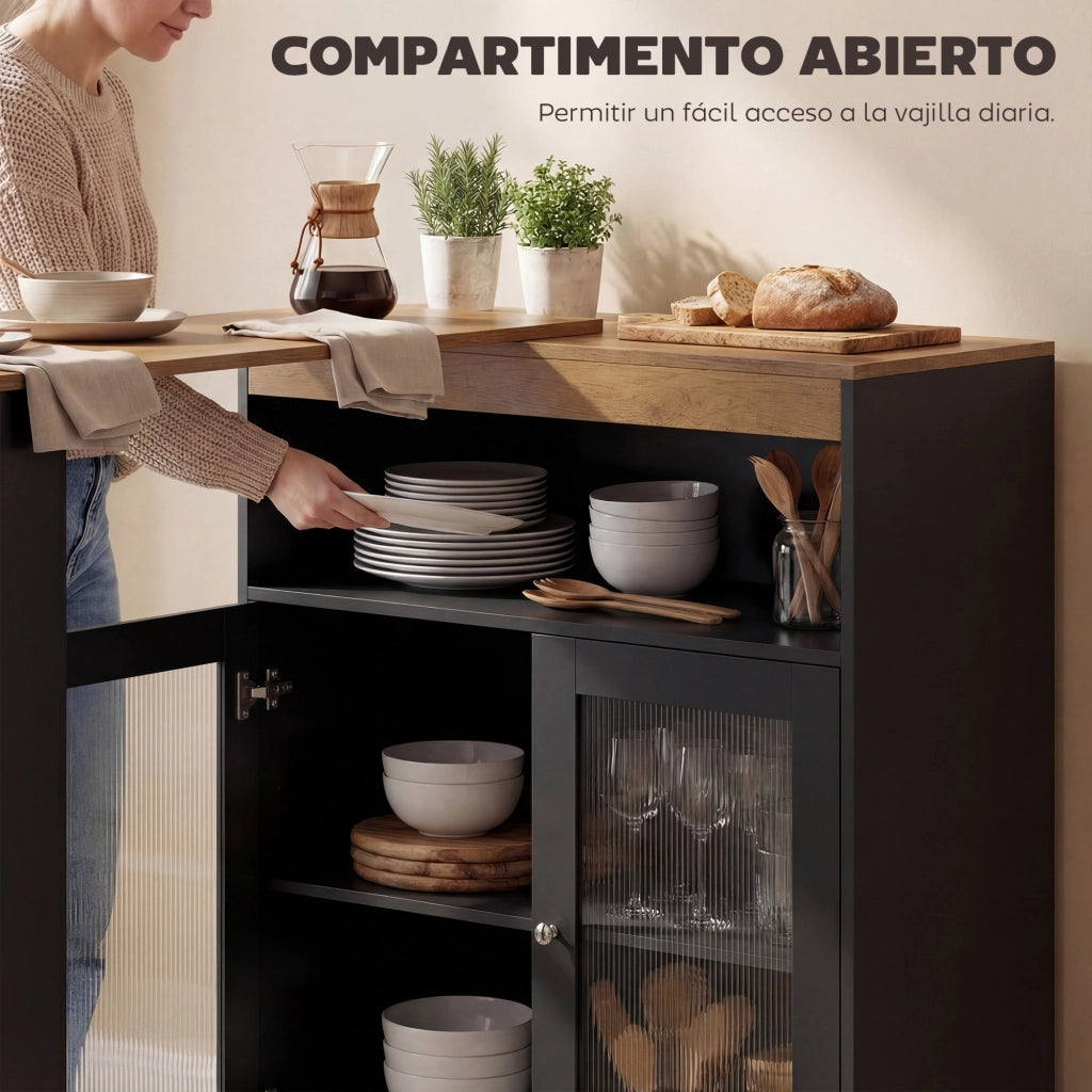 Tavolo da Pranzo Allungabile Girevole 90¡ã con Ripiani e 2 Ante in Vetro ¨C Xylo ¨C 150x80x105,5 cm Nero e Naturale