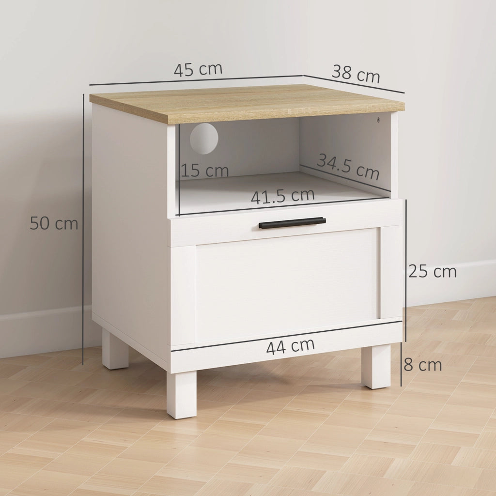 Comodino Moderno Minimal con Cassetto e Ripiano Aperto, in Legno, 45x38x50 cm, Bianco e color Legno