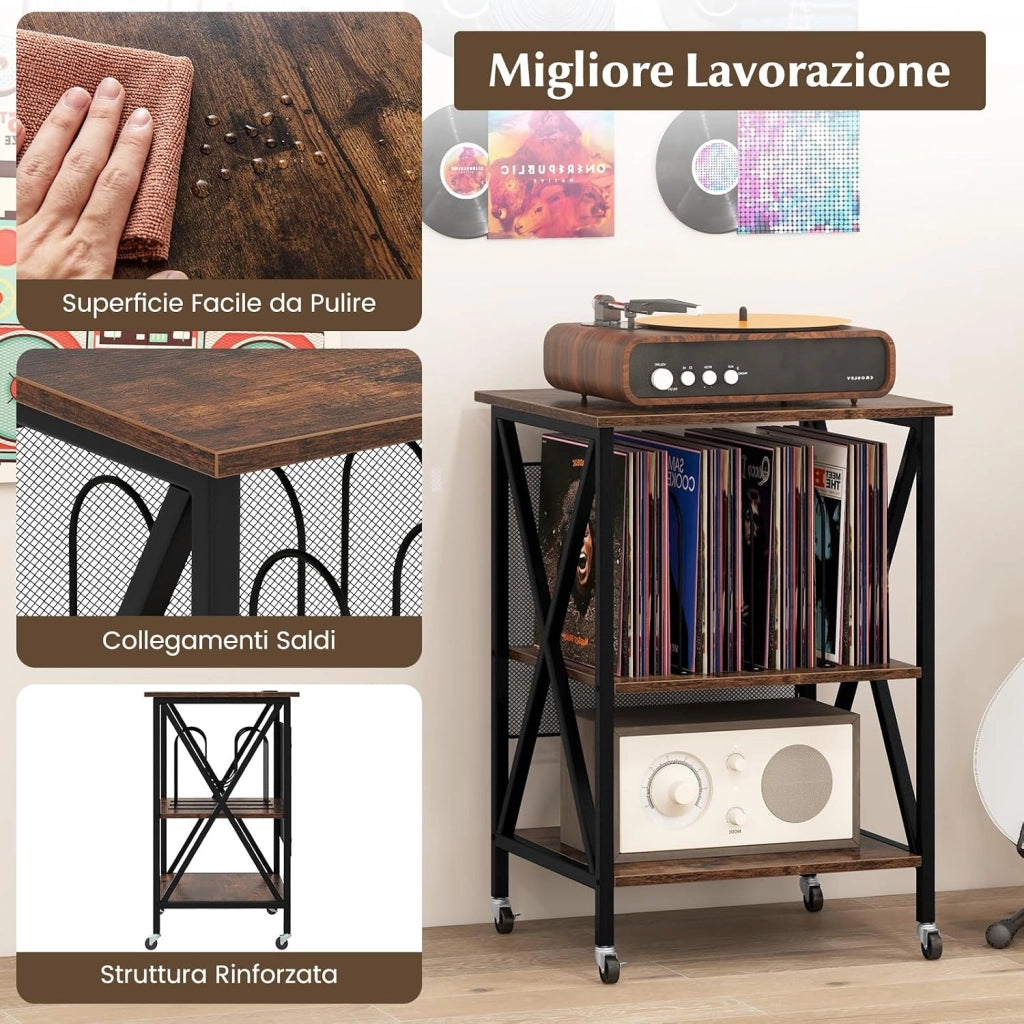 Supporto per Giradischi, Supporto per Giradischi in Vinile con Presa di Corrente e Porta USB, Ruote Bloccabili, 3 Livelli, per Soggiorno, Camera da Letto, 52 x 45 x 75 cm (Marrone)