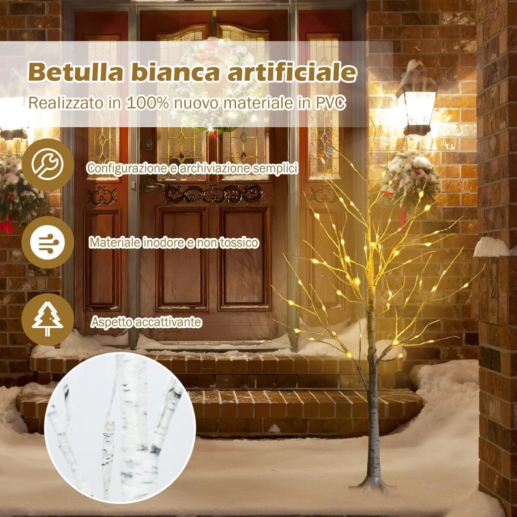Albero Artificiale Illuminato 120 cm con Rami di Betulla, Albero di Natale Bianco con Luci LED Calde e Bianche, Decorazione per Interno per Natale Pasqua