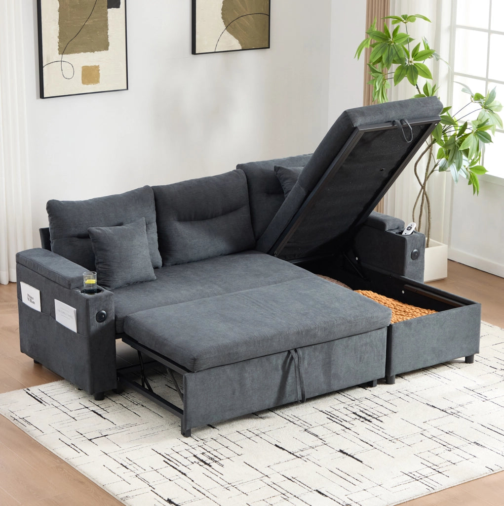 Divano letto 212.5x136x86 cm con chaise longue idraulica e letto estraibile in lino grigio scuro