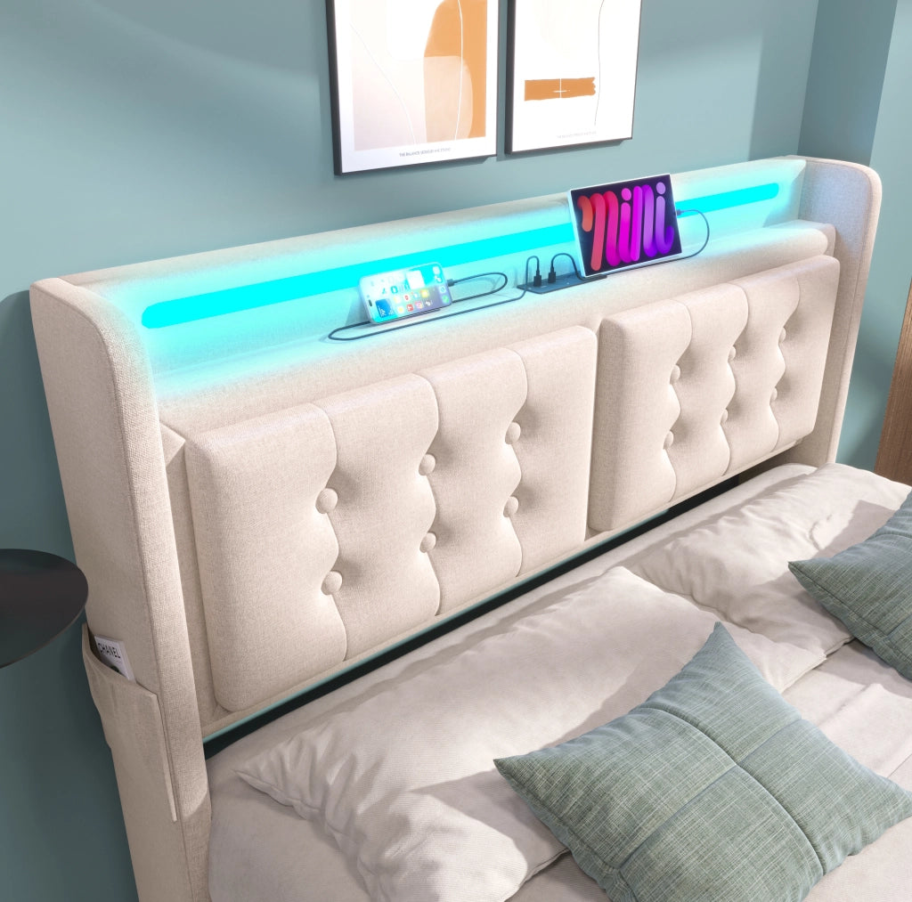 Letto matrimoniale 140x200 cm in tessuto cotone e lino beige con LED; prese e USB-C