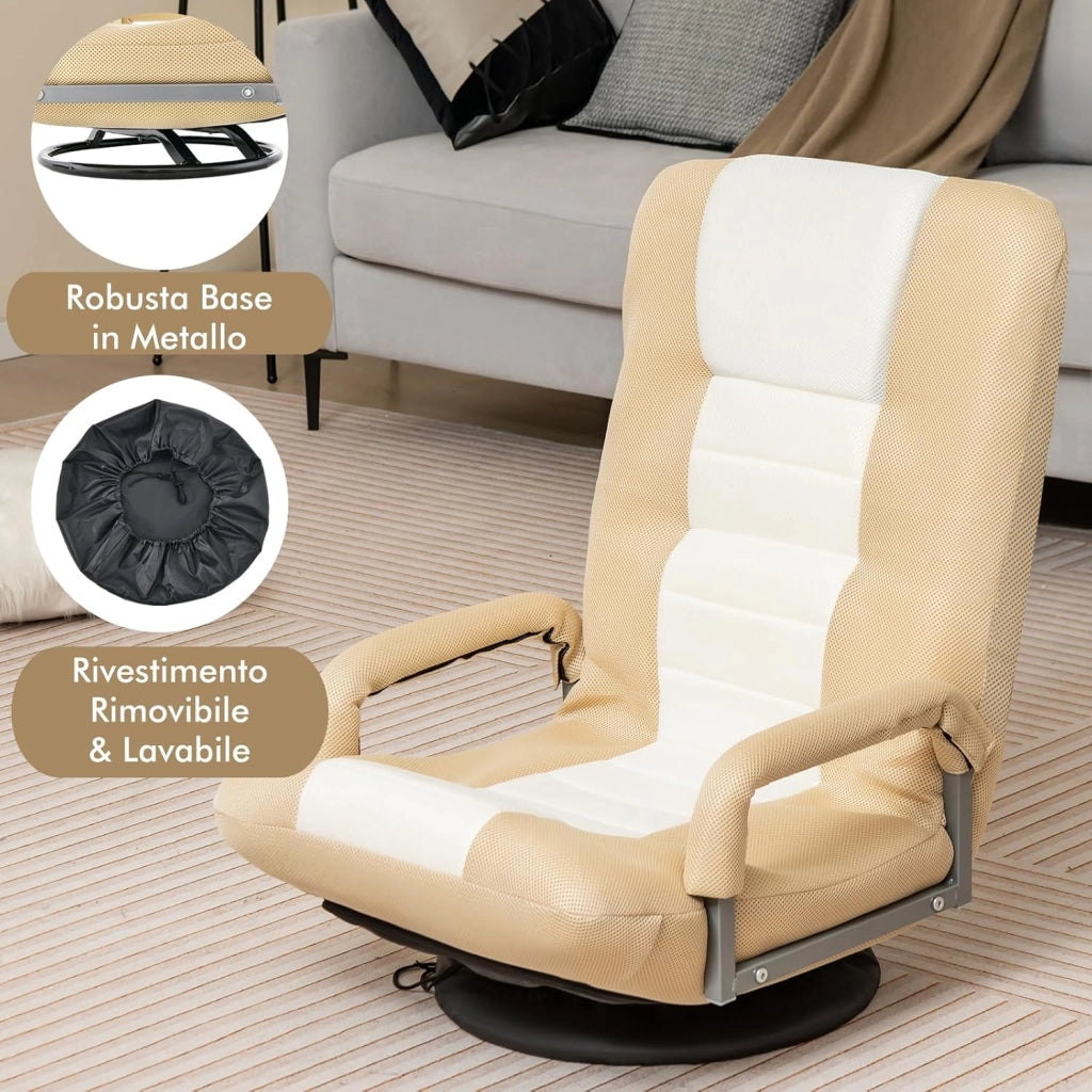 Sedia da Pavimento Pighevole, Sedia da Terra con Braccioli, Poltrona da Yoga Portatile e Girevole, Poltrona con Schienale Regolabile a 5+2 Livelli, Portata 150 kg (Marrone chiaro)
