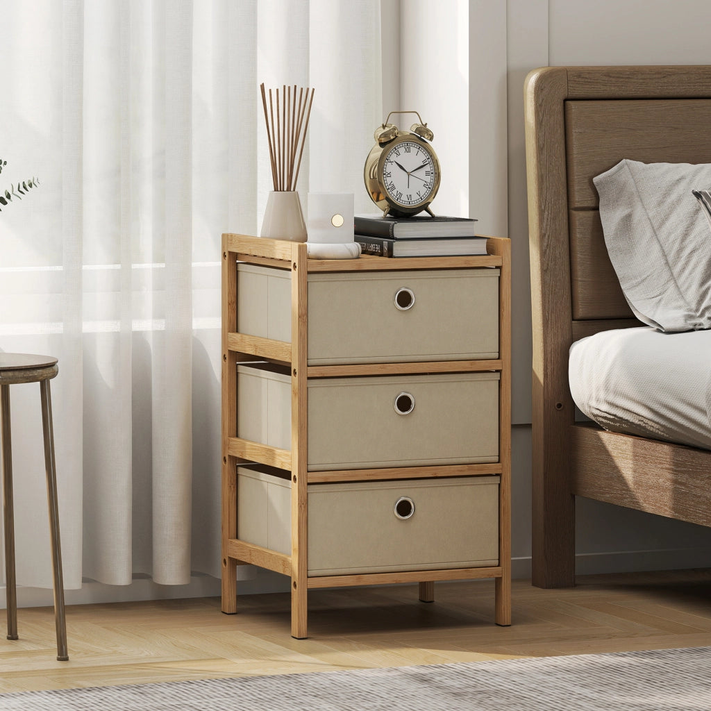C¨®moda con 3 cassetti in tessuto e struttura in bamb¨´ ¨C zephmum ¨C crema/naturale