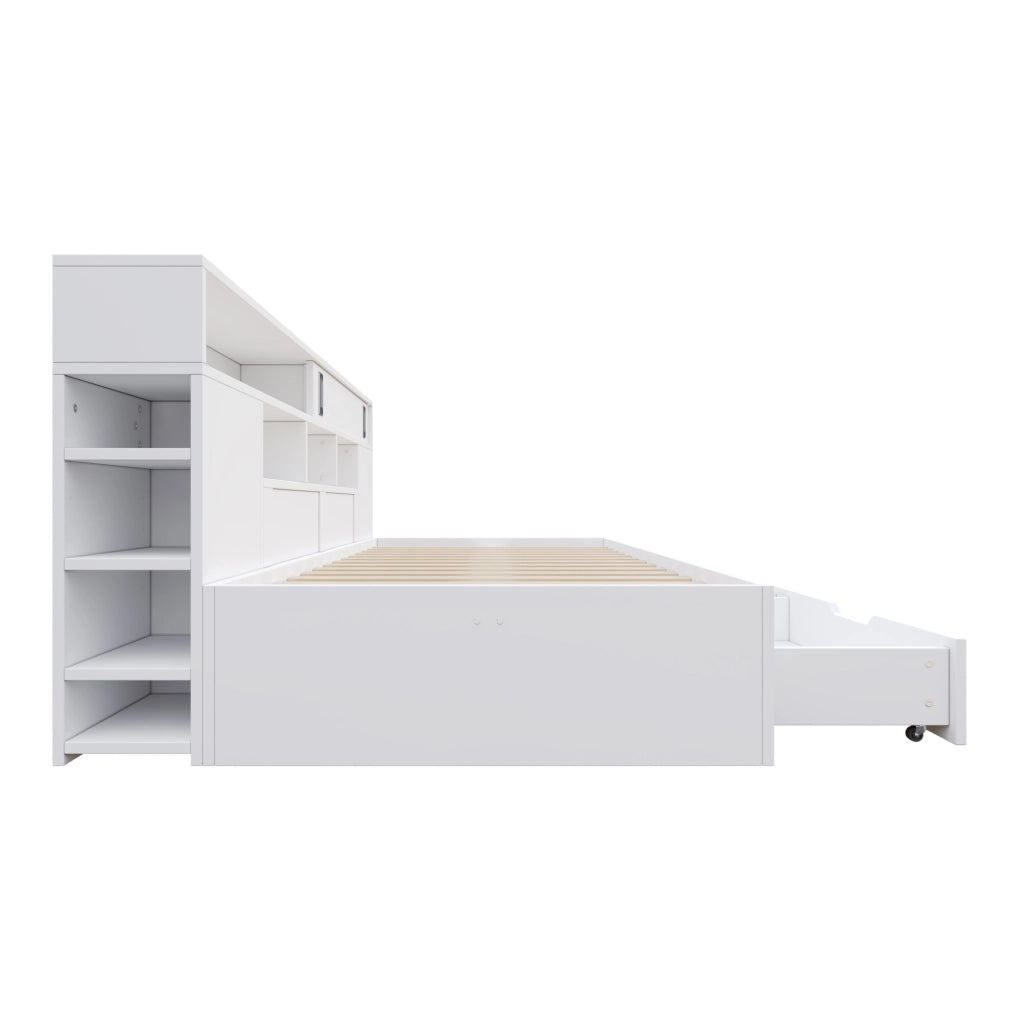 Letto da giorno multifunzione 140x190 cm con 2 cassetti; ripiani e armadio; bianco