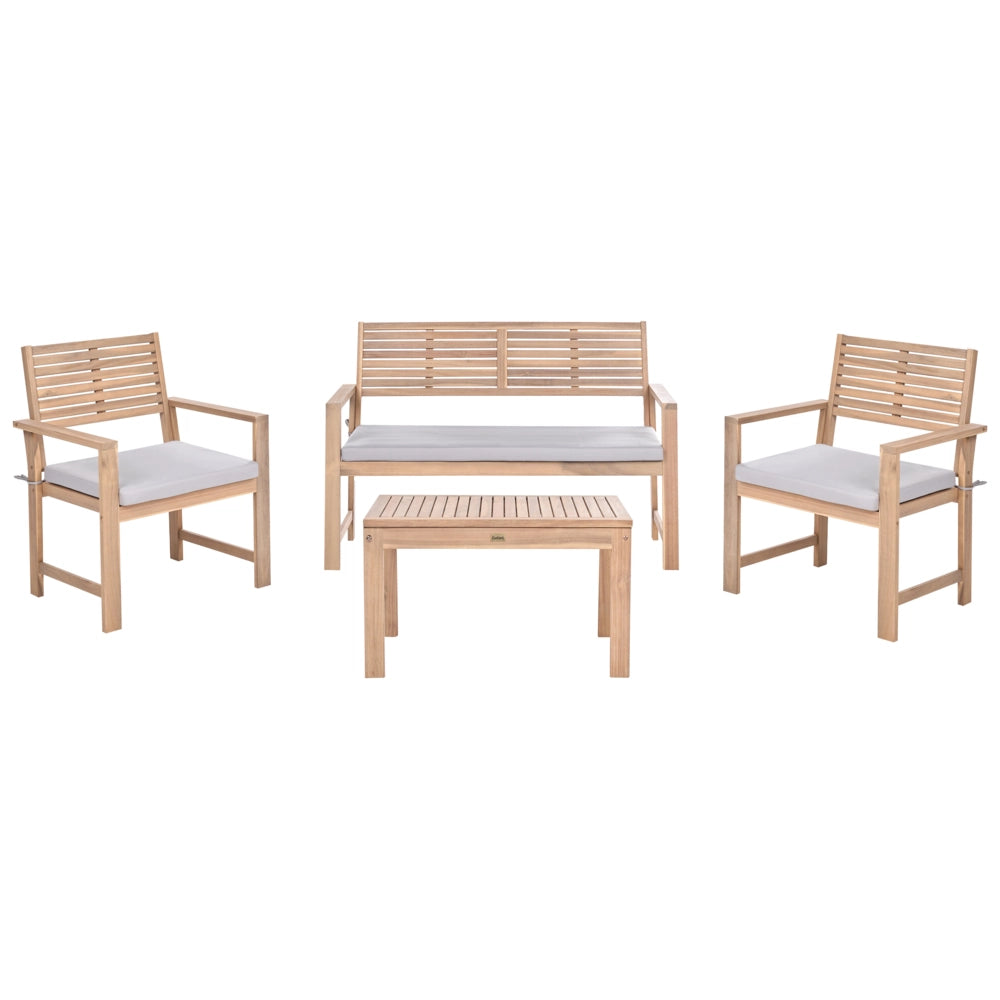 Set da giardino grigio in legno di acacia certificato con tessuto 4 posti con tavolino divano 2 sedie resistenti all'acqua e ai raggi UV