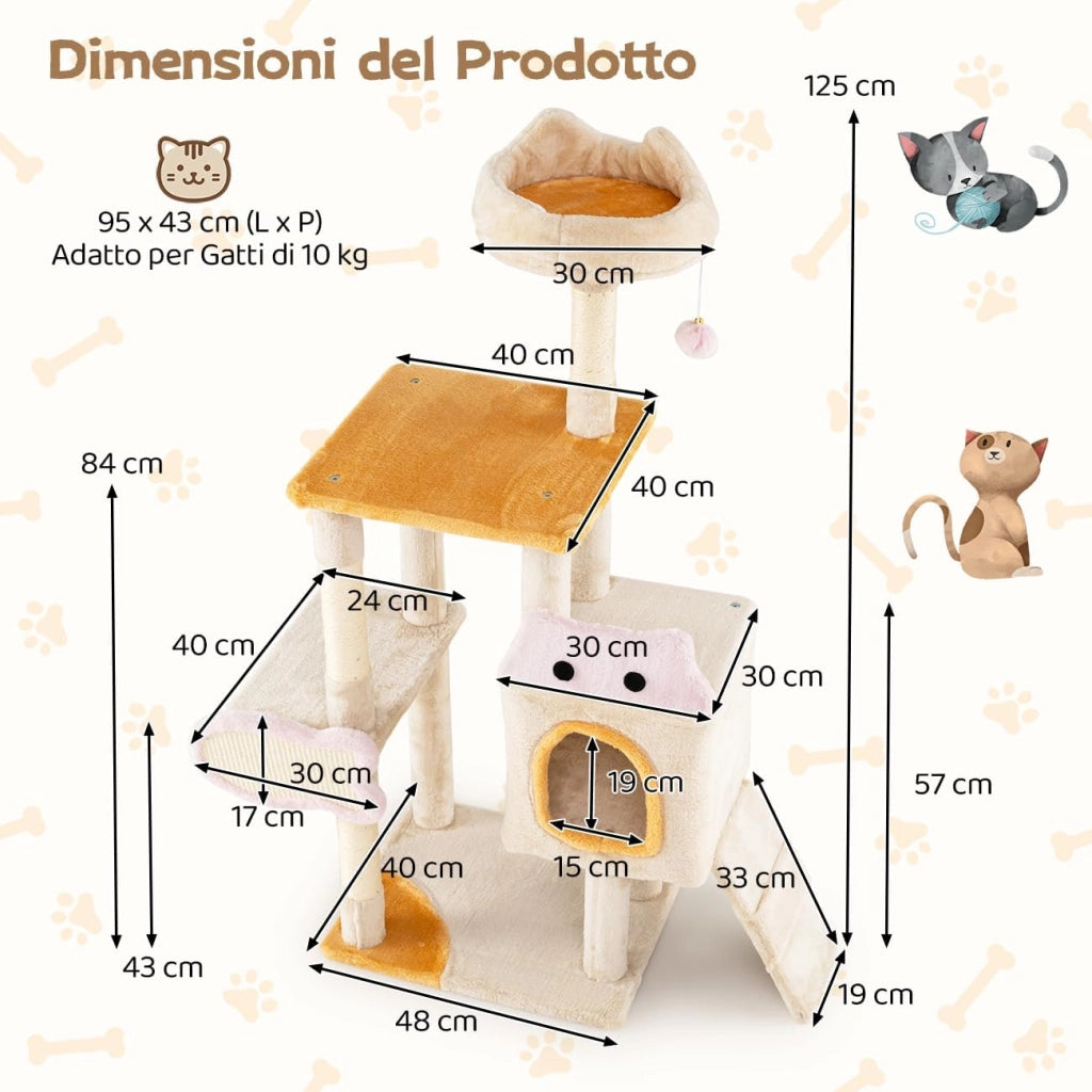 Albero per Gatti da Interno Alto 125 cm, Tiragraffi per Gatti a Più Livelli con Cuscino, Rifugio, Tiragraffi in Sisal a Forma di Pesce, Rampa, Pallina Pendente e Piattaforme