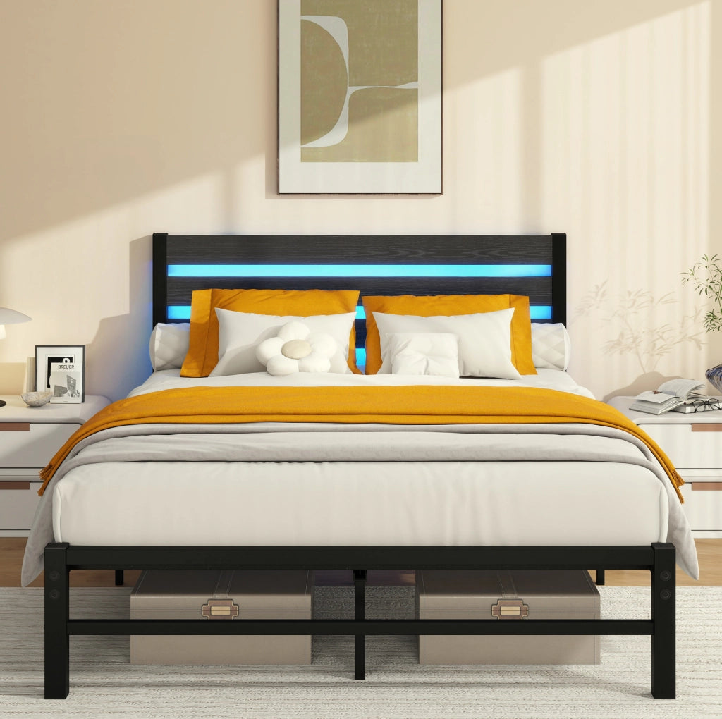 Letto matrimoniale 140x200 cm in MDF e metallo con LED RGB; USB e spazio sottostante; nero