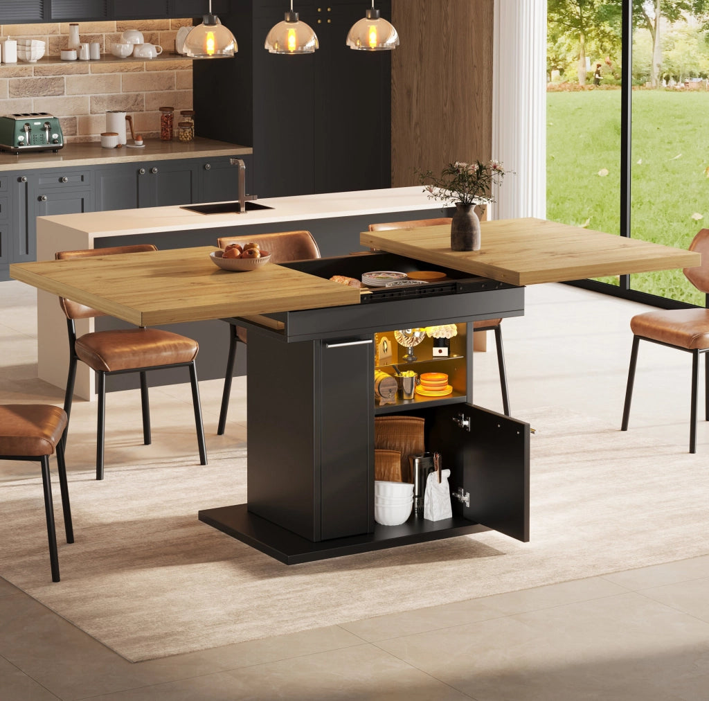 Tavolo da pranzo allungabile 110-140x80x77.2 cm con spazio contenitivo e luci LED in MDF nero