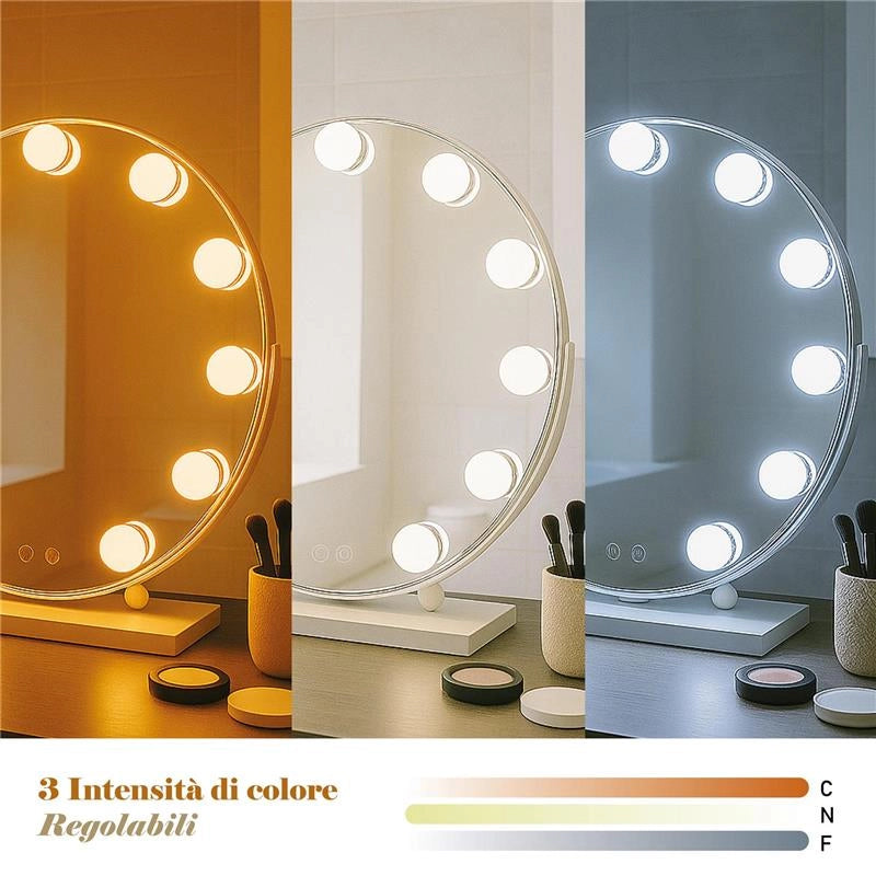 SPECCHIO TONDO  HOLLYWOOD DA TAVOLO CON 11 LED CON 3 LUCI REGOLABILI, ACCENSIONE TOUCH CON SPINA DIMENSIONE D.50 CM