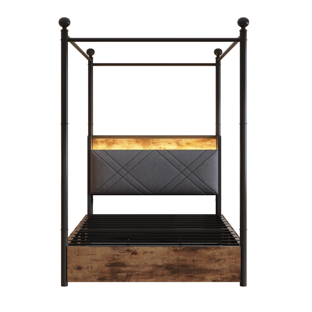 DESMIU Letto singolo 90 × 190 cm 1 posto con LED, USB, Type-C e 2 cassetti, senza materasso, nero