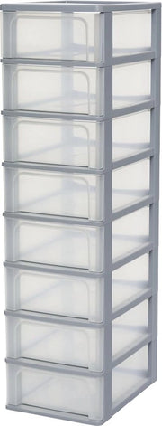 Cassettiere in plastica 8 x 7 L con cassetto singolo, altezza 96,5 cm, larghezza 26 cm, profondità 35,5 cm, maniglia ergonomica, colore grigio.