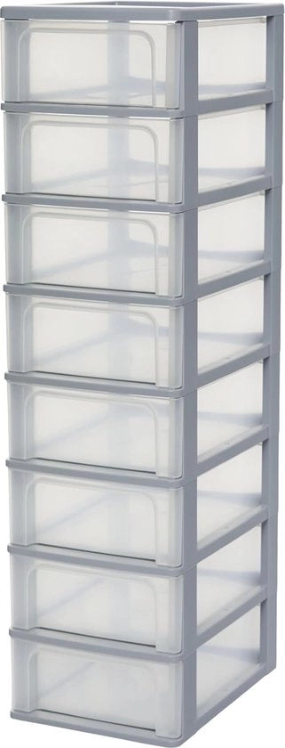 Cassettiere in plastica 8 x 7 L con cassetto singolo, altezza 96,5 cm, larghezza 26 cm, profondità 35,5 cm, maniglia ergonomica, colore grigio.