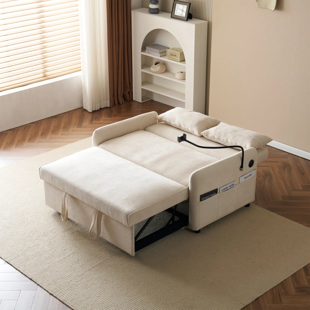 DIVANO LETTO Estraibile 129x163 cm Ciniglia Beige con USB e supporto telefono