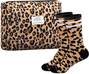 Regalo da due paia di calze da tennis con stampa leopardo e borsa di cosmetici con stampa leopardo per donne, madre, sorella
