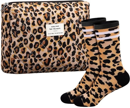 Regalo da due paia di calze da tennis con stampa leopardo e borsa di cosmetici con stampa leopardo per donne, madre, sorella