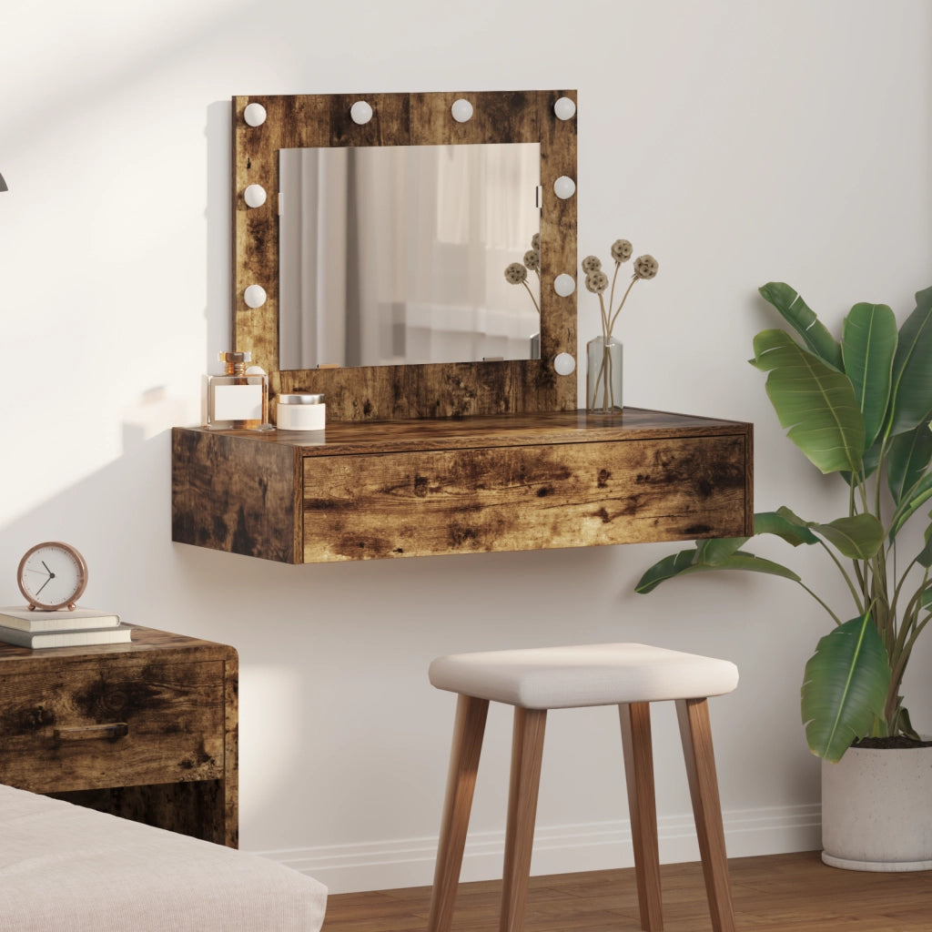 Tavolo da toeletta da parete con luci LED rovere affumicato