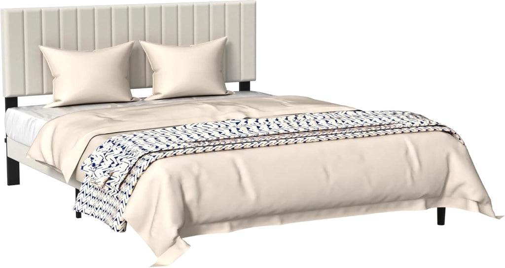 Telaio letto 160 x 200 cm, in metallo con testiera in velluto e rete a doghe, letto per ragazzi, letto matrimoniale, camera degli ospiti, beige