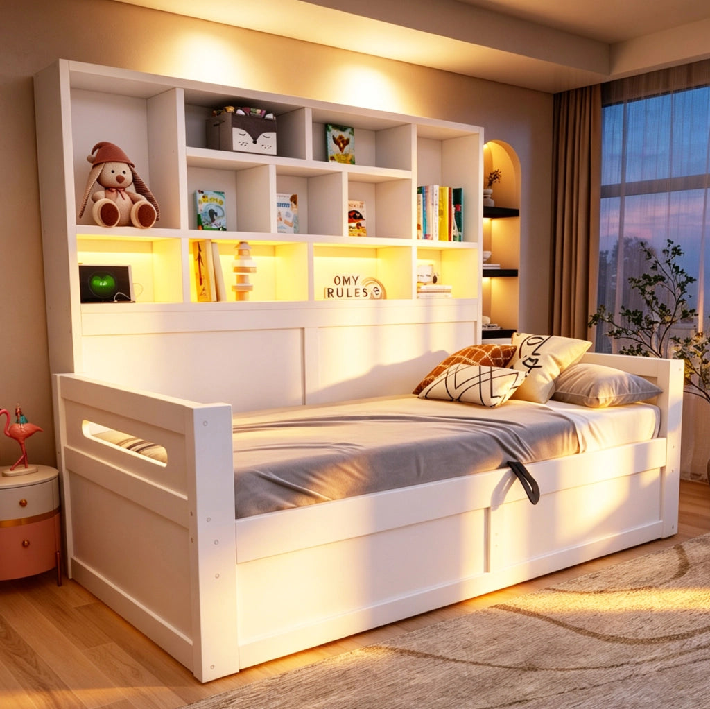 Letto singolo 90x200 cm con vano idraulico; LED e prese; MDF bianco